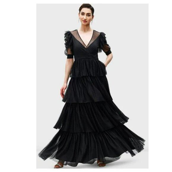 eShakti Wayward Fancies Black Tulle Tiered Maxi Dress Sz XL - Picture 1 of 15